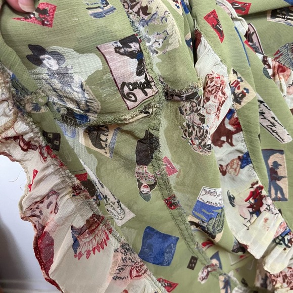Vintage 90s Does 30s Green Novelty Print Cowboy Maxi Dress // Size Large - Picture 9 of 9